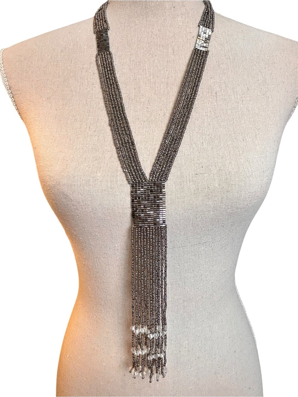 Vintage Beaded Lariat Tassel Necklace, Silver Seed Bead & Fringe Flapper-Style